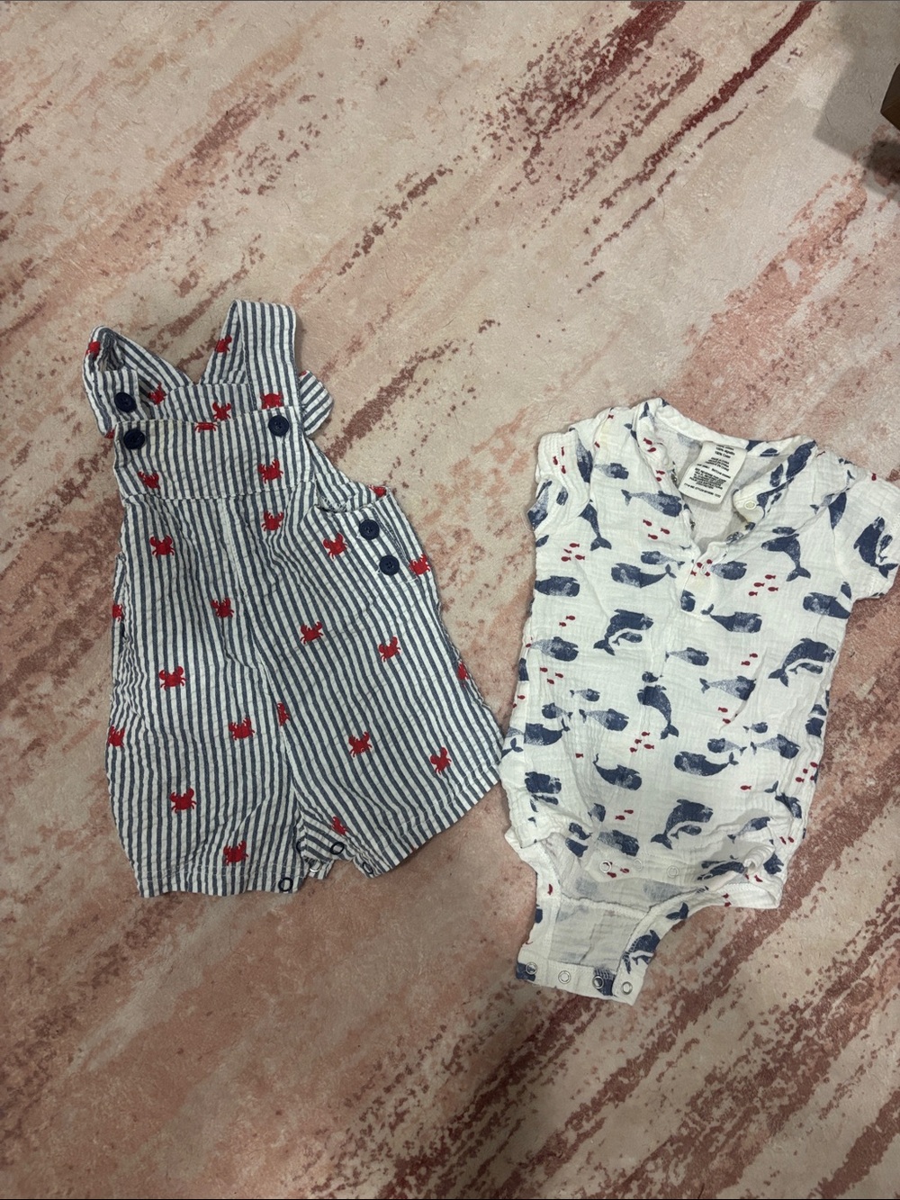 Baby Kids Blue & White Striped Romper with Red Accent - Unbranded